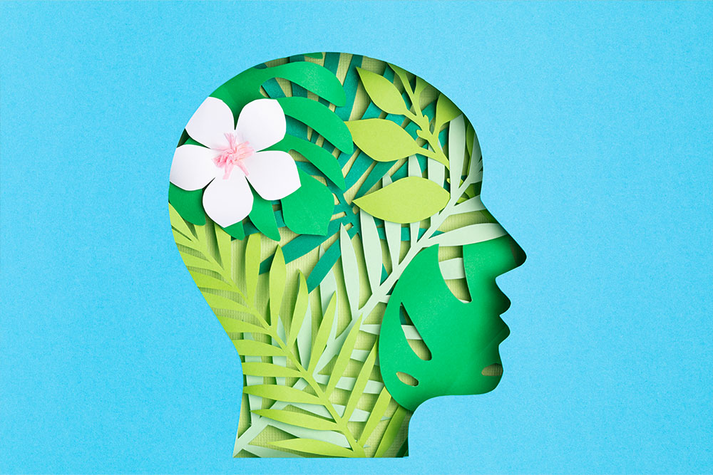Papercut head with green leaves inside
